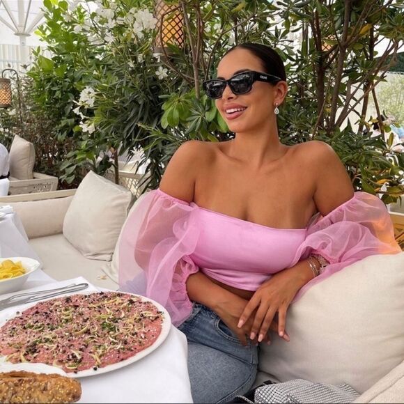 Zara pink satin strapless top with organza balloon sleeves - Picture 1 of 8